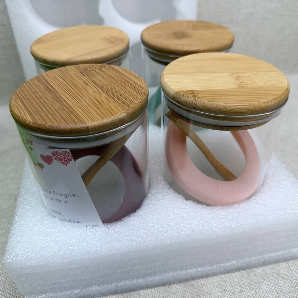 Mfacoy 4 Pack Airtight Glass Storage Jars with Bamboo Lids and Spoons Set New